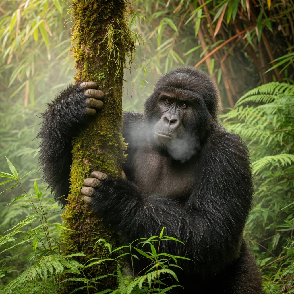 Mountain gorilla with thick shaggy coat in highland forest