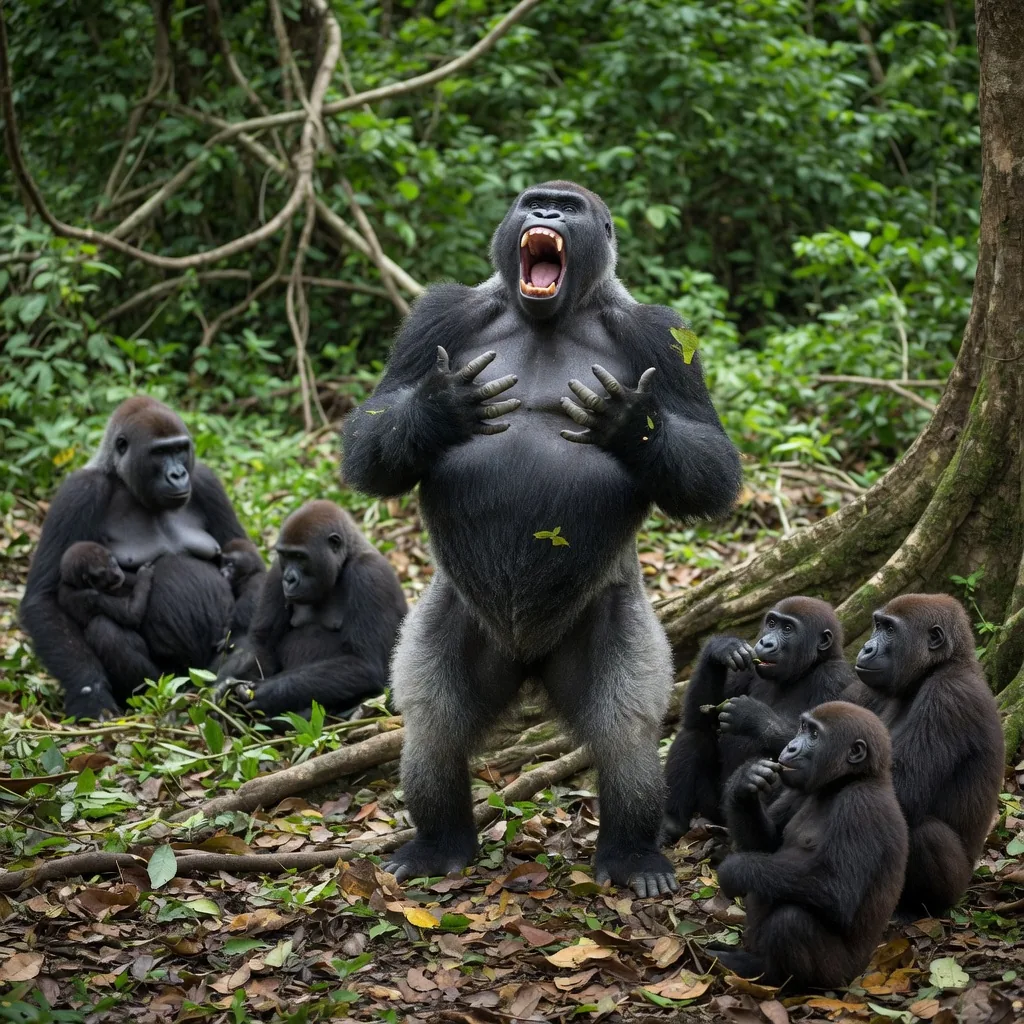 Silverback gorilla chest-beating in a forest clearing