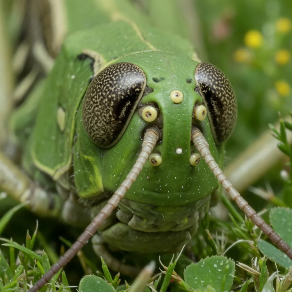 Close-up macro of a grasshopper's eyes: two large compound eyes and three small simple eyes (ocelli) near the antennae