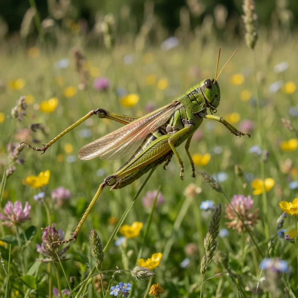 A grasshopper mid-leap through the air, powerful hind legs fully extended, caught in freeze-frame