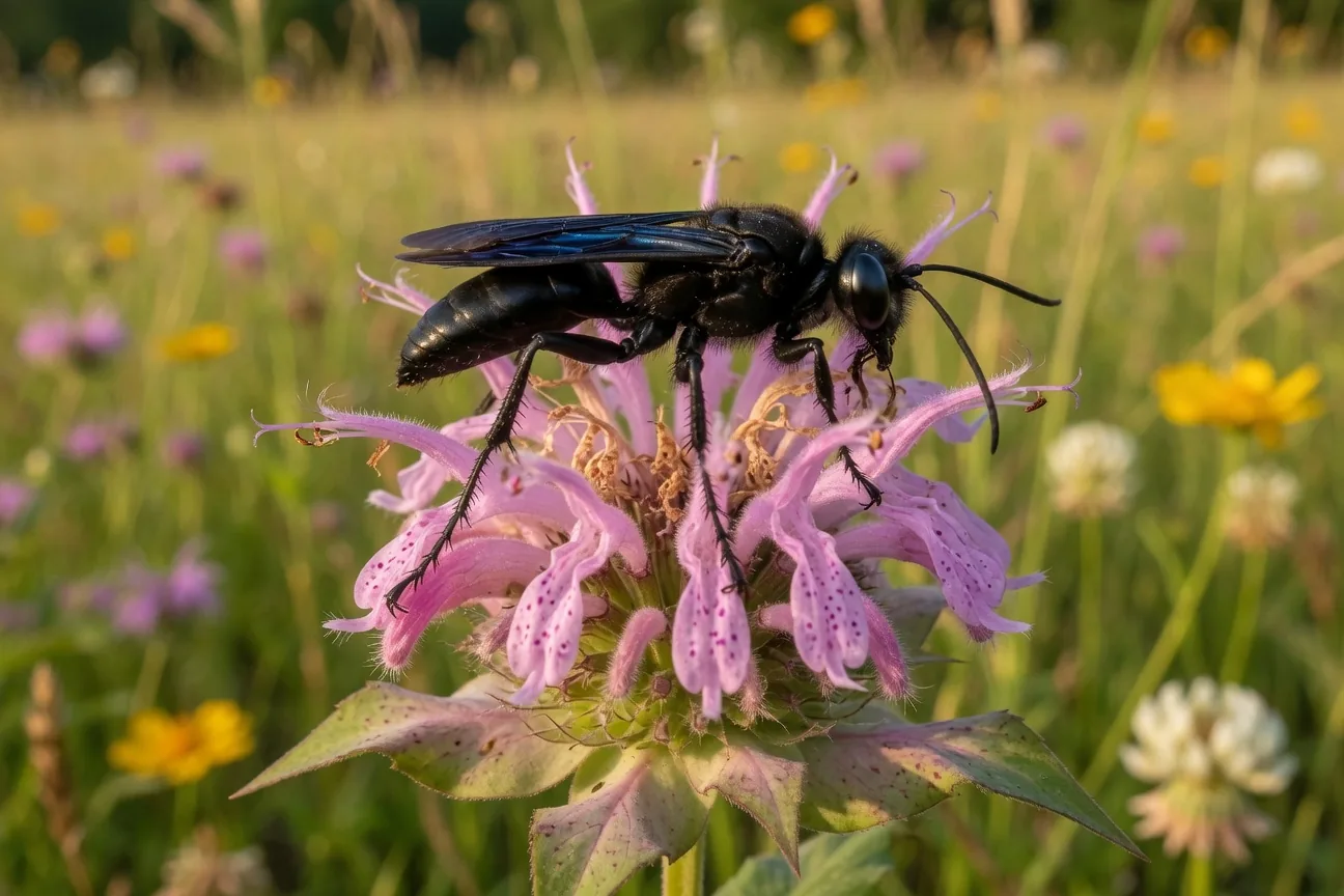 A great black wasp perched on a pink beebalm flower, showing its jet-black body and iridescent blue-black wings