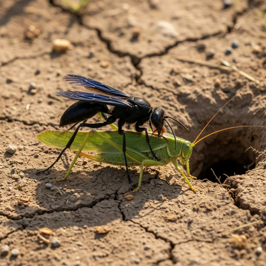 A great black wasp carrying a paralyzed katydid back to her underground nest with powerful mandibles