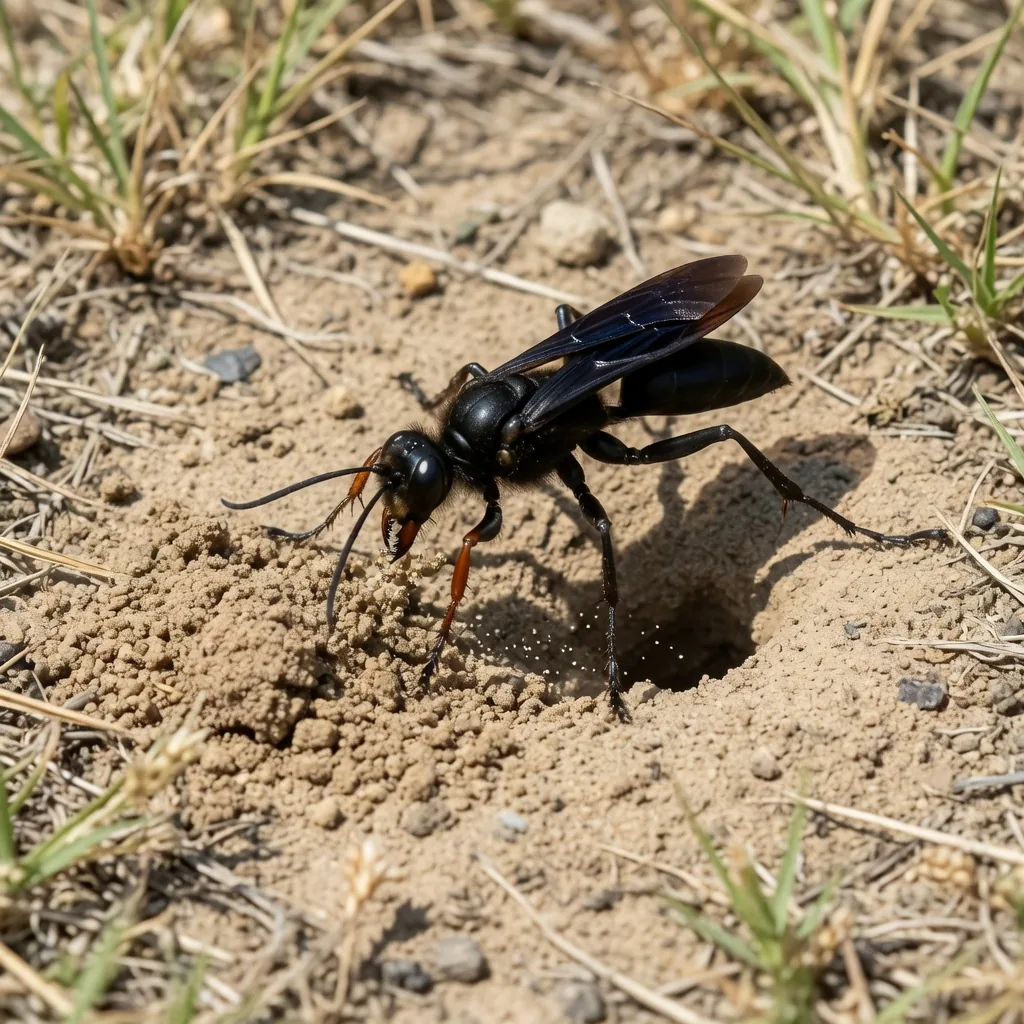 A great black wasp digging her underground burrow nest in sandy soil using mandibles and spiny forelegs