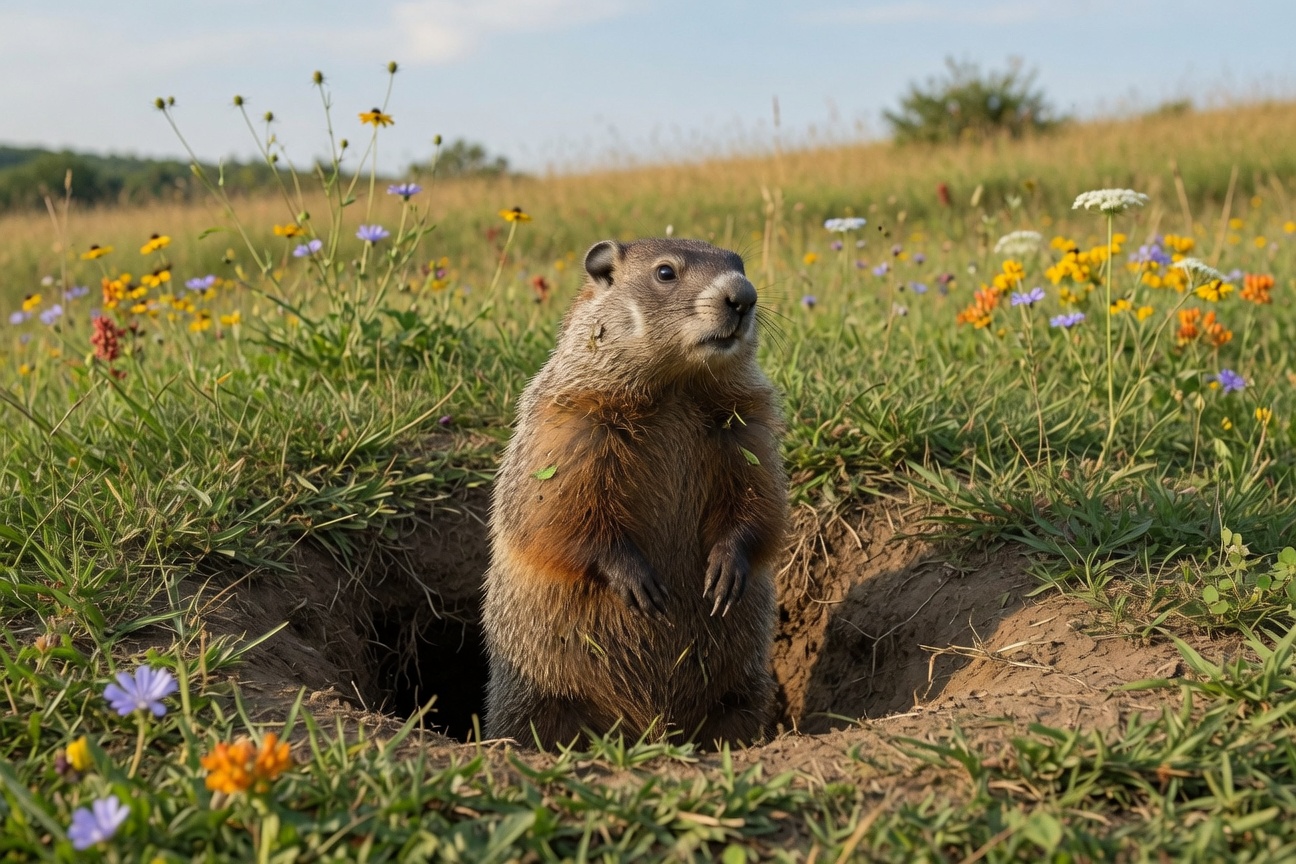 A groundhog stands upright at the entrance of its burrow in a grassy field filled with colorful wildflowers.
