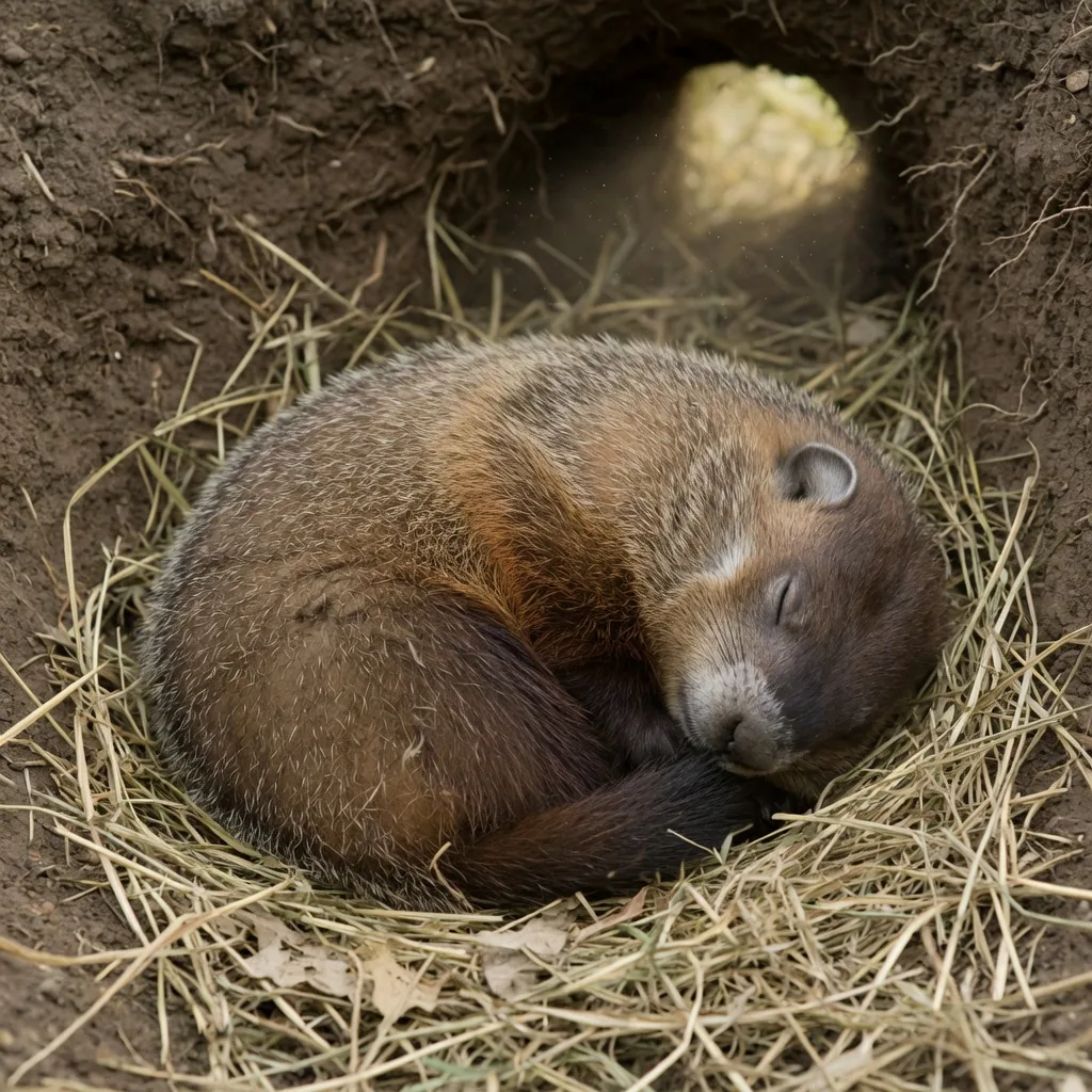 A groundhog hibernating in its underground burrow, curled in dried grass with snowflakes visible at the entrance