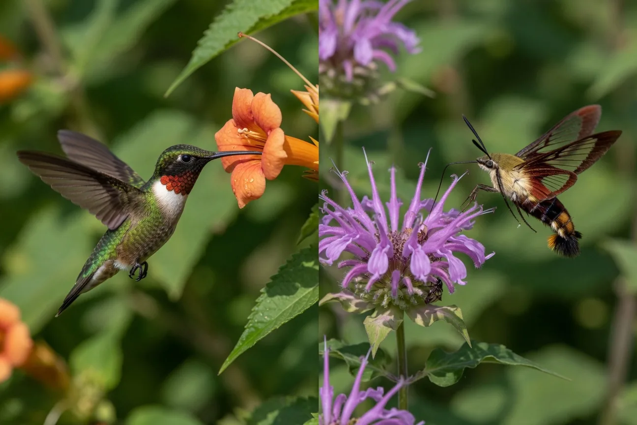 Side-by-side comparison: a ruby-throated hummingbird hovering at an orange flower on the left, and a clearwing hummingbird moth hovering at a purple bee balm flower on the right