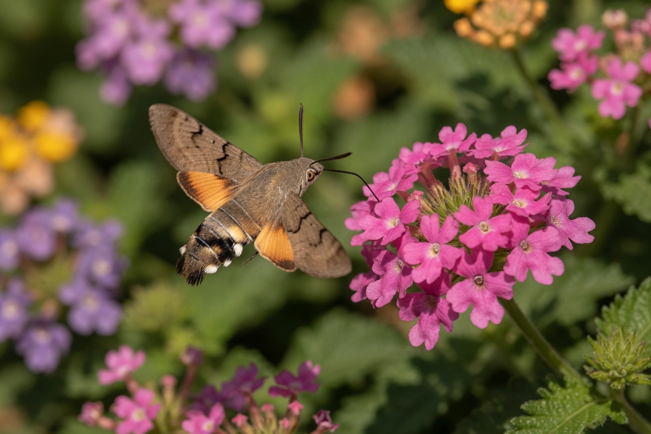 A brown hummingbird moth with orange wing patches hovers near a cluster of pink flowers.