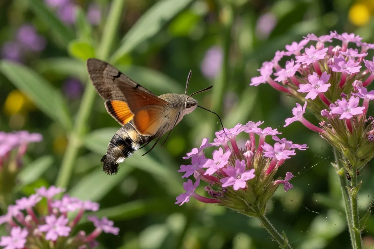 A hummingbird hawk-moth hovering at pink verbena flowers in a sunny garden, orange hindwings visible, proboscis extended toward a floret