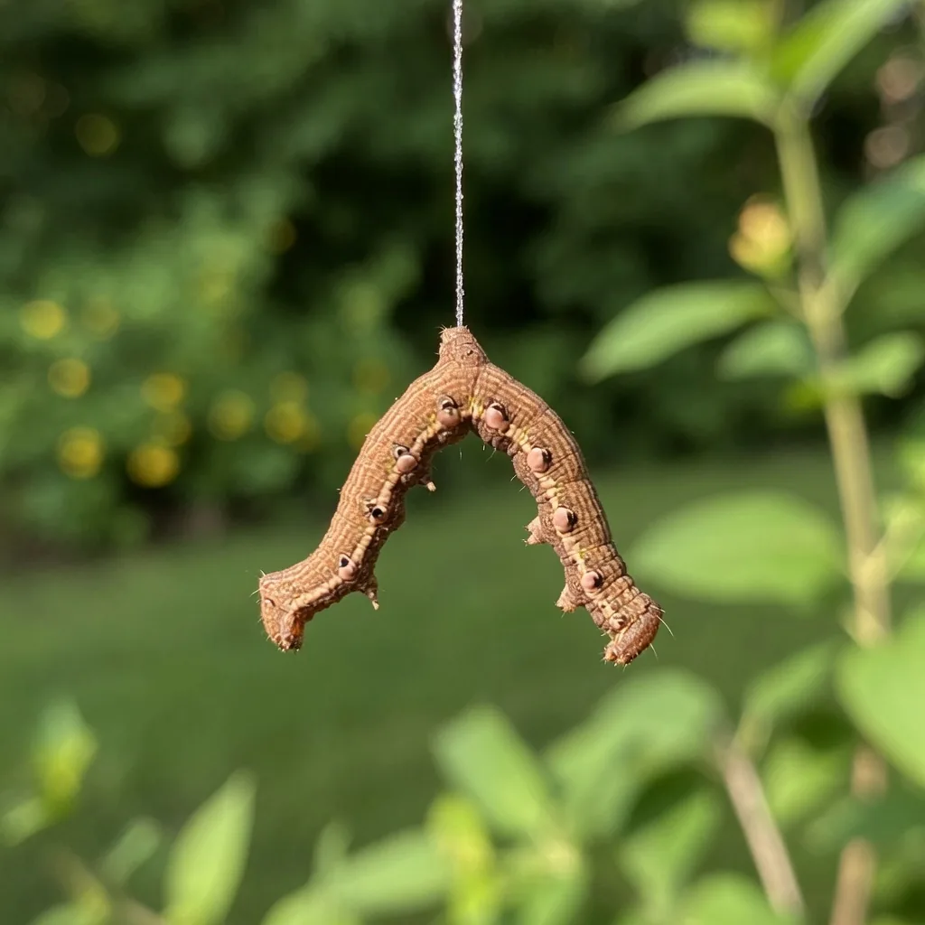 Inchworm hanging from a silken thread, frozen in twig-like pose