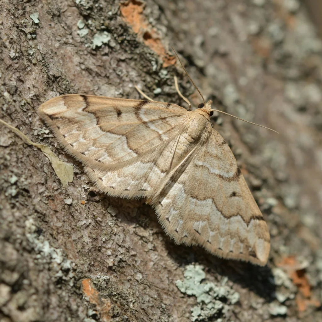 A geometer moth perched with wings spread flat on a branch at night
