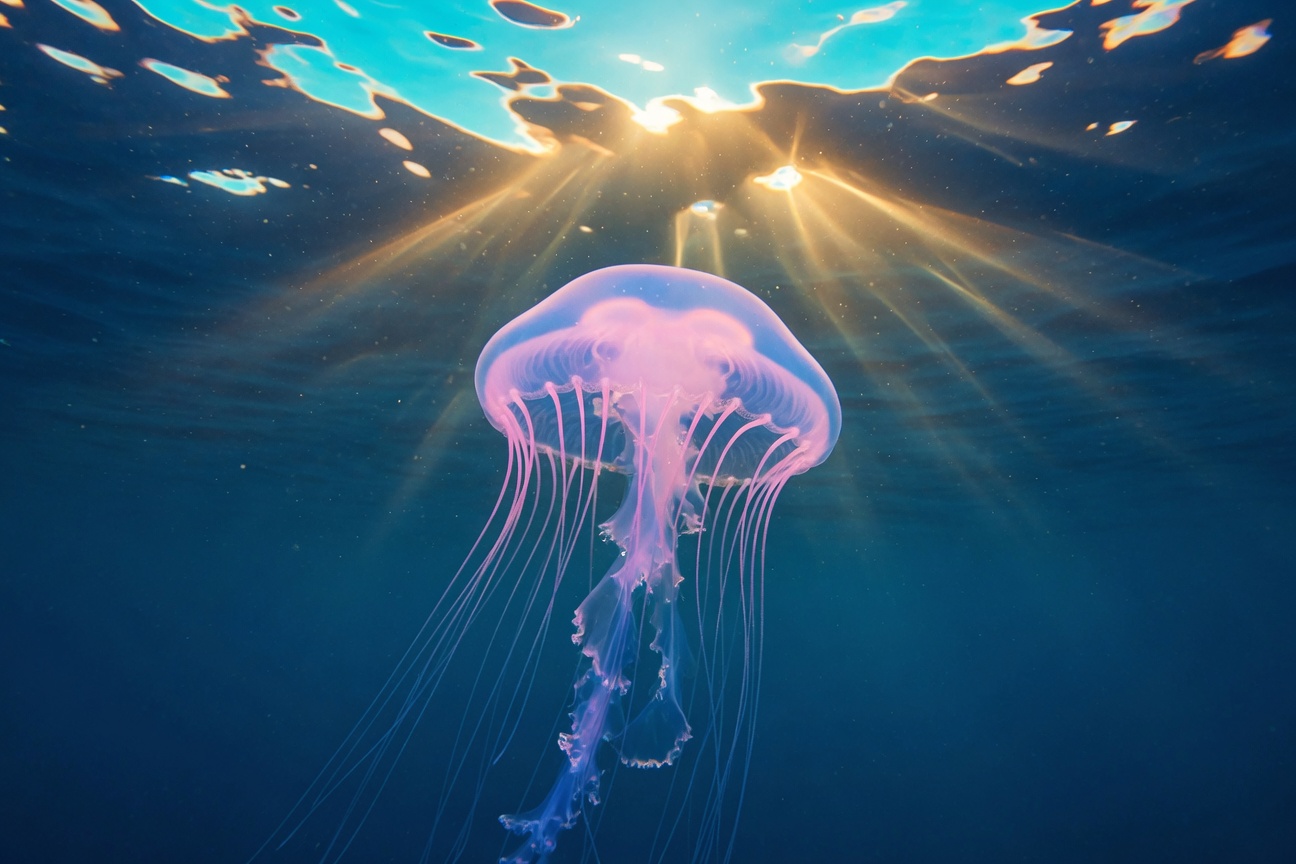 A pink jellyfish swims in deep blue water as sunlight streams down from the ocean surface.