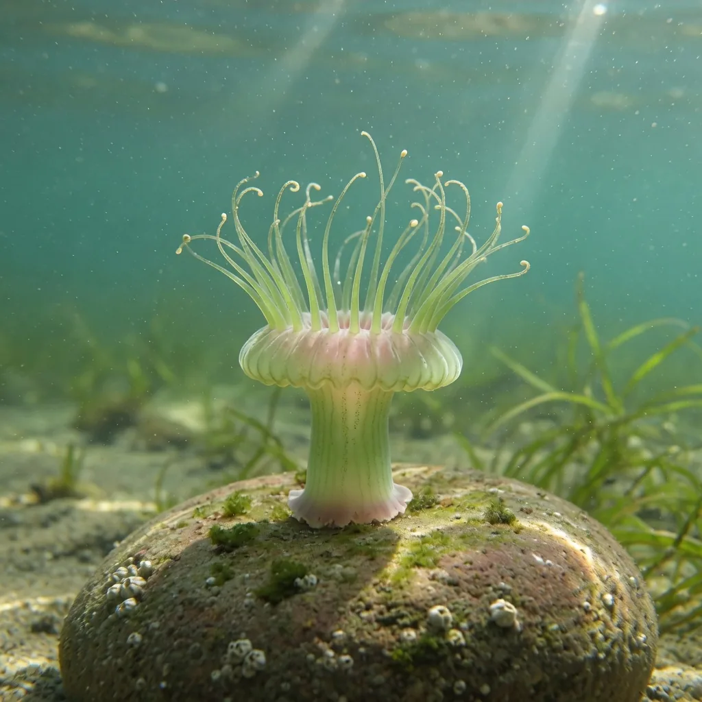 A jellyfish in its early polyp stage attached to a rock, with upward-facing tentacles, showing the sessile life stage before it becomes a free-swimming medusa.