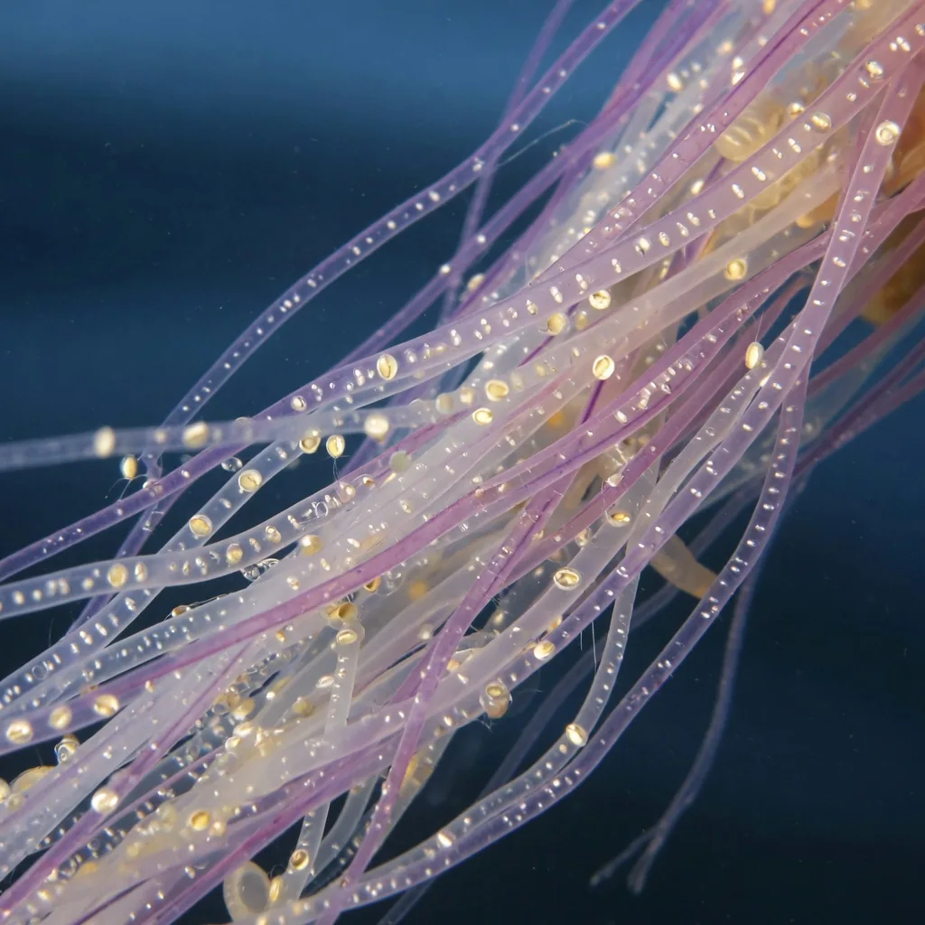 Close-up of jellyfish tentacles covered in stinging nematocysts, translucent filaments with tiny cnidocyte capsules visible.