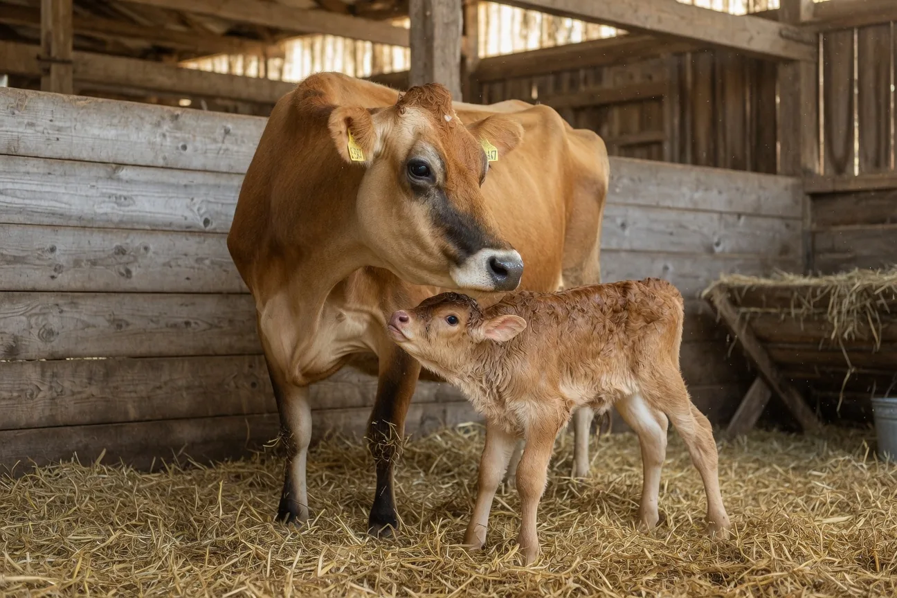 A Jersey cow mother with her newborn calf in a sunlit barn