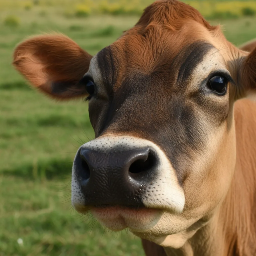 Close-up of a Jersey cow's face showing its distinctive black nose and pale muzzle