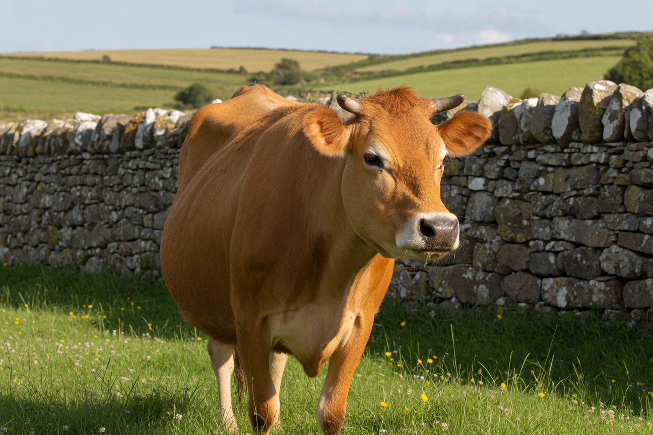 A brown Jersey cow stands in a grassy field beside a dry stone wall with rolling hills in the background.