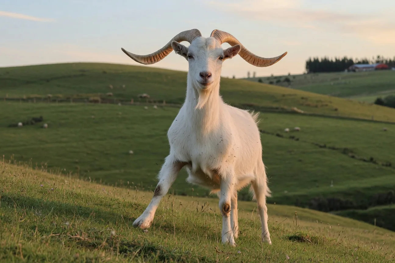 A large male Kiko buck with curved horns standing on a green hillside