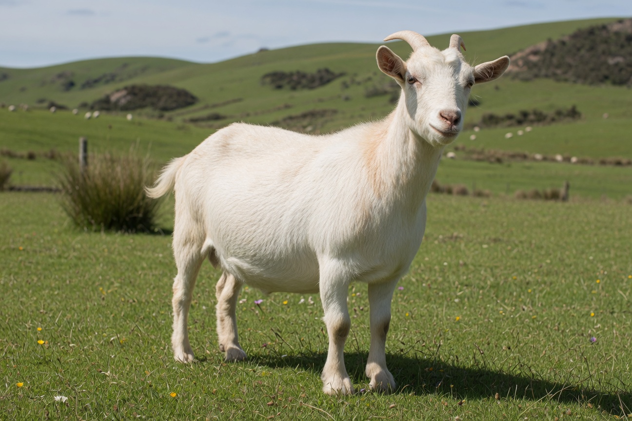 A white goat with curved horns stands in a grassy field with rolling green hills in the background.