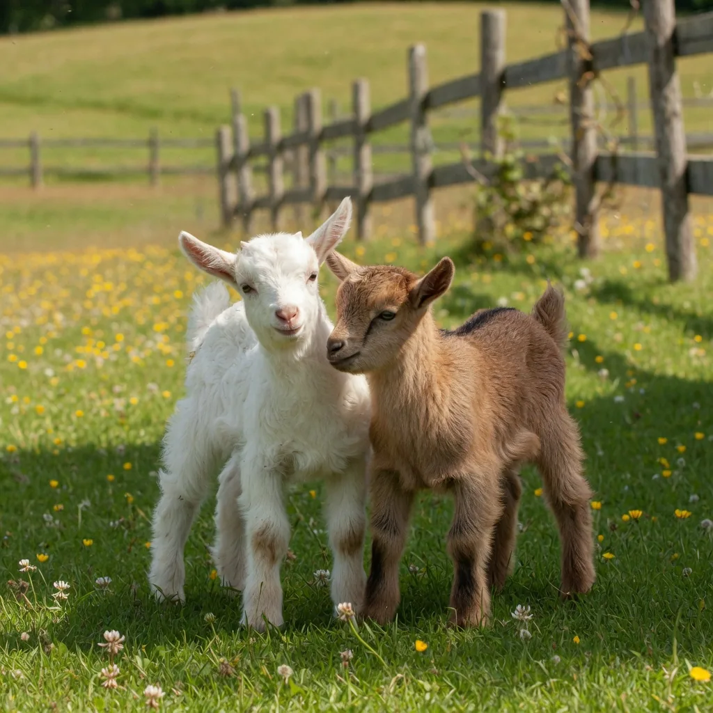 Two young Kiko goat kids standing together in a sunny paddock