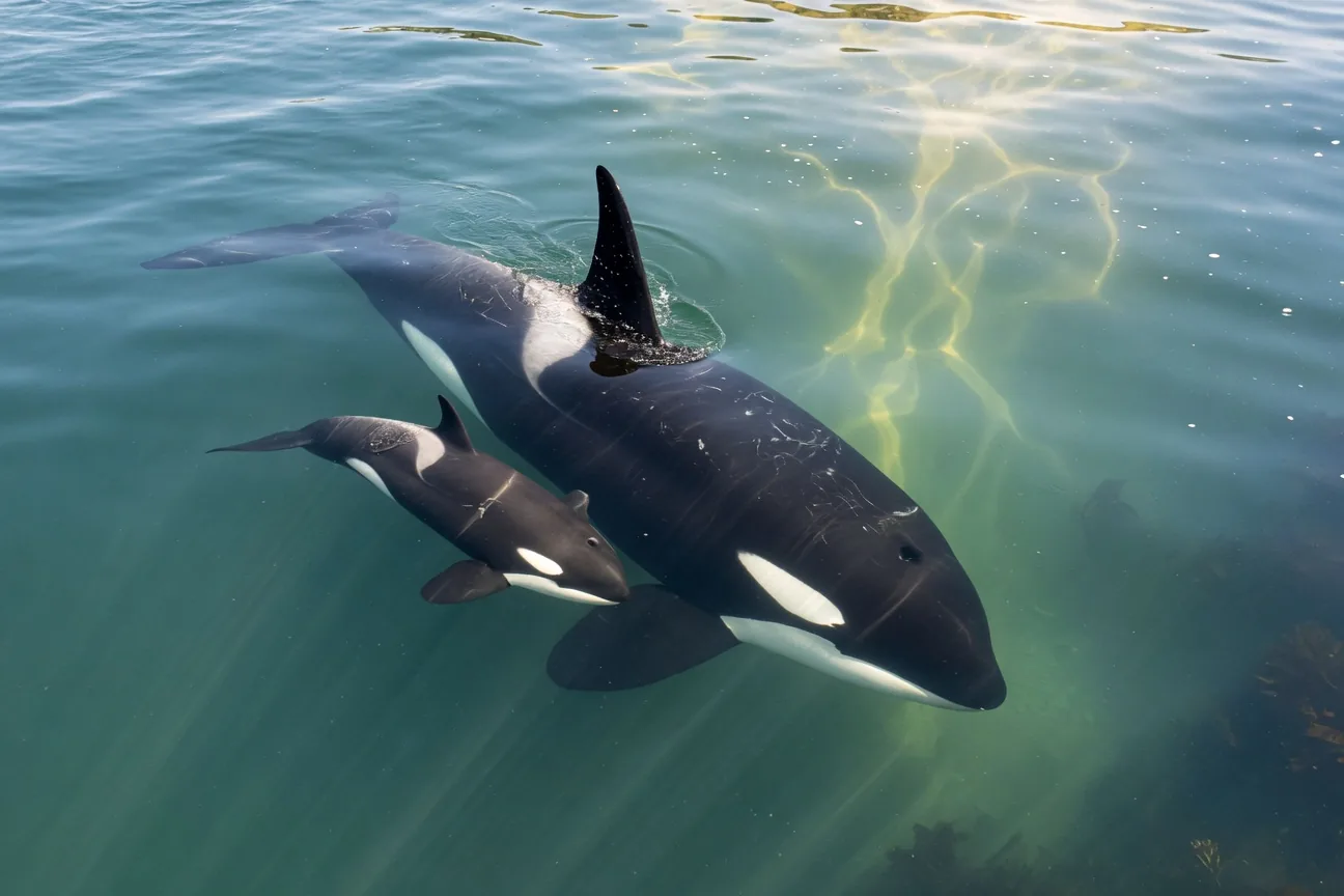 A mother orca and her newborn calf swimming together in calm turquoise water, viewed from above