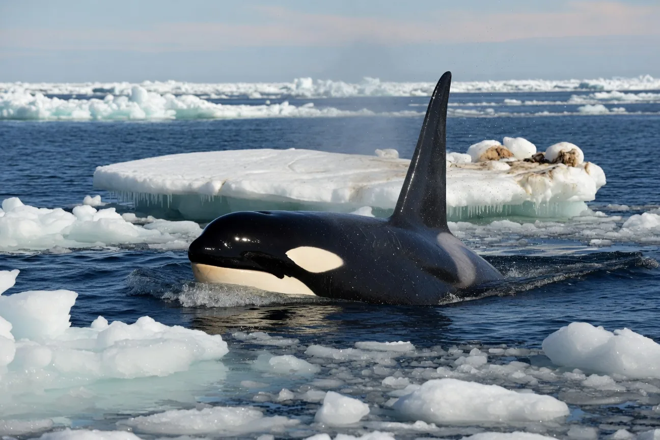 A killer whale surfacing to breathe among sea ice in Antarctic waters, dorsal fin visible above the frigid ocean surface