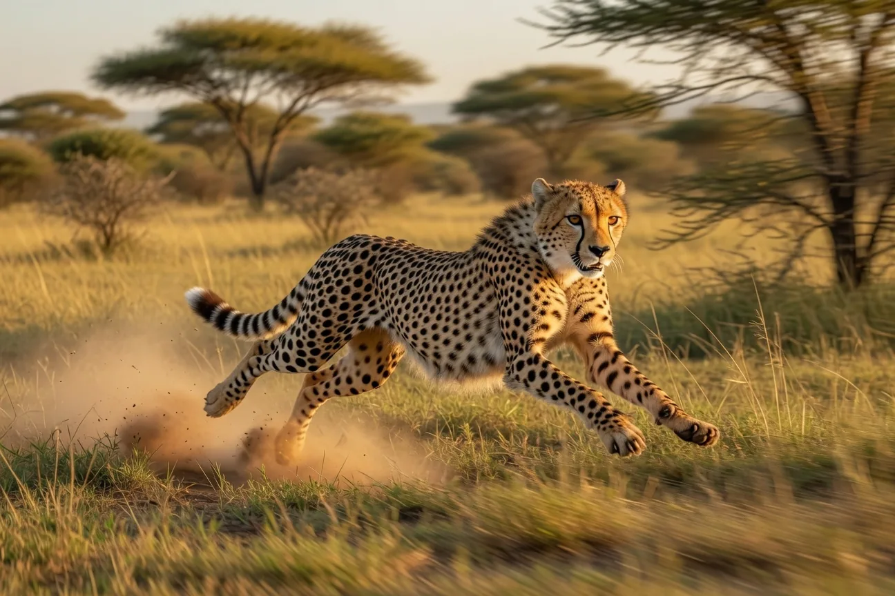 Cheetah at full sprint across African savanna