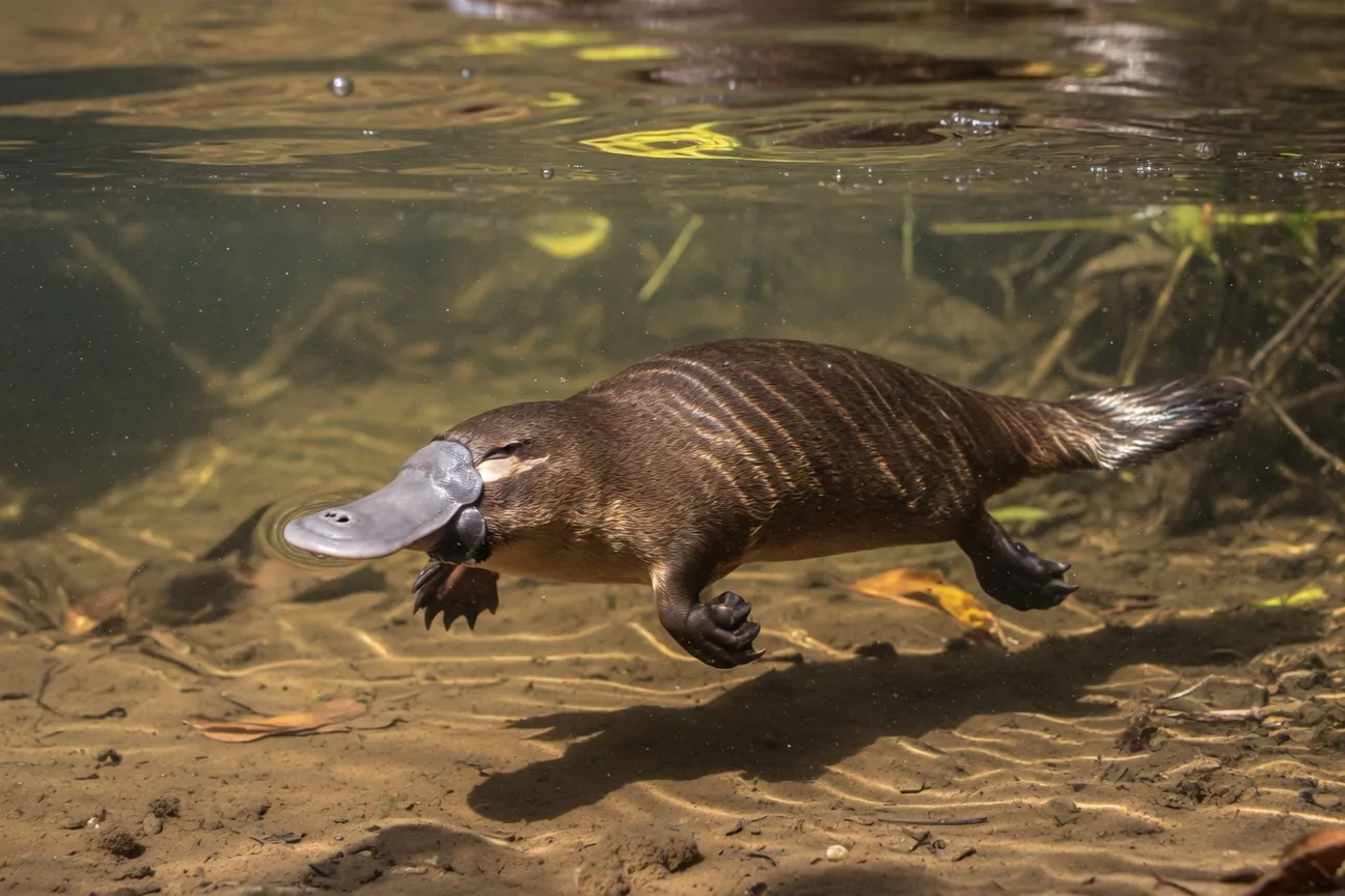 Duck-billed platypus swimming underwater in a clear creek, the platypus is one of only two egg-laying mammals on Earth
