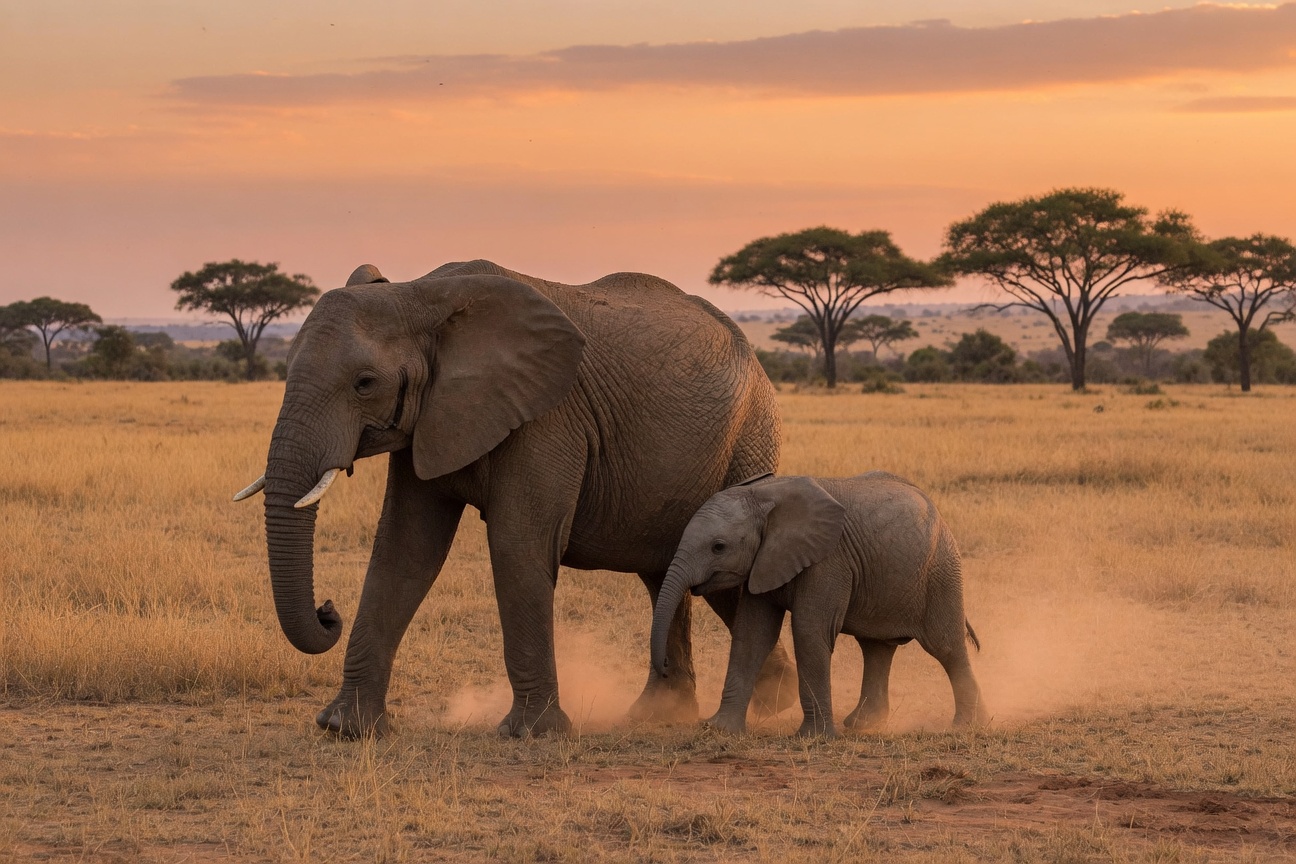 An adult African elephant and calf walk through a grassy savanna at sunset.