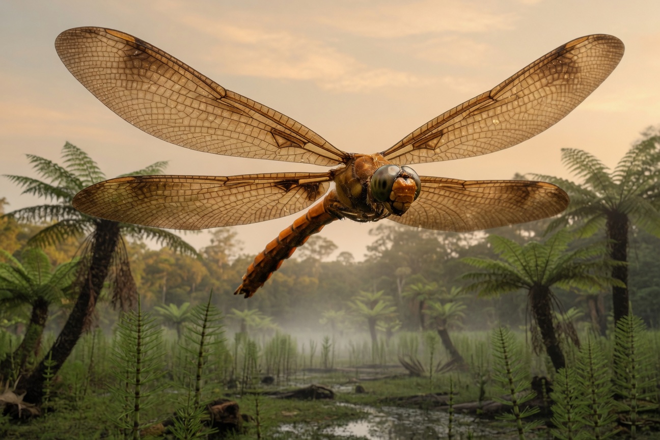 A giant Meganeura dragonfly with expansive wings flies over a misty, prehistoric swamp filled with ferns.