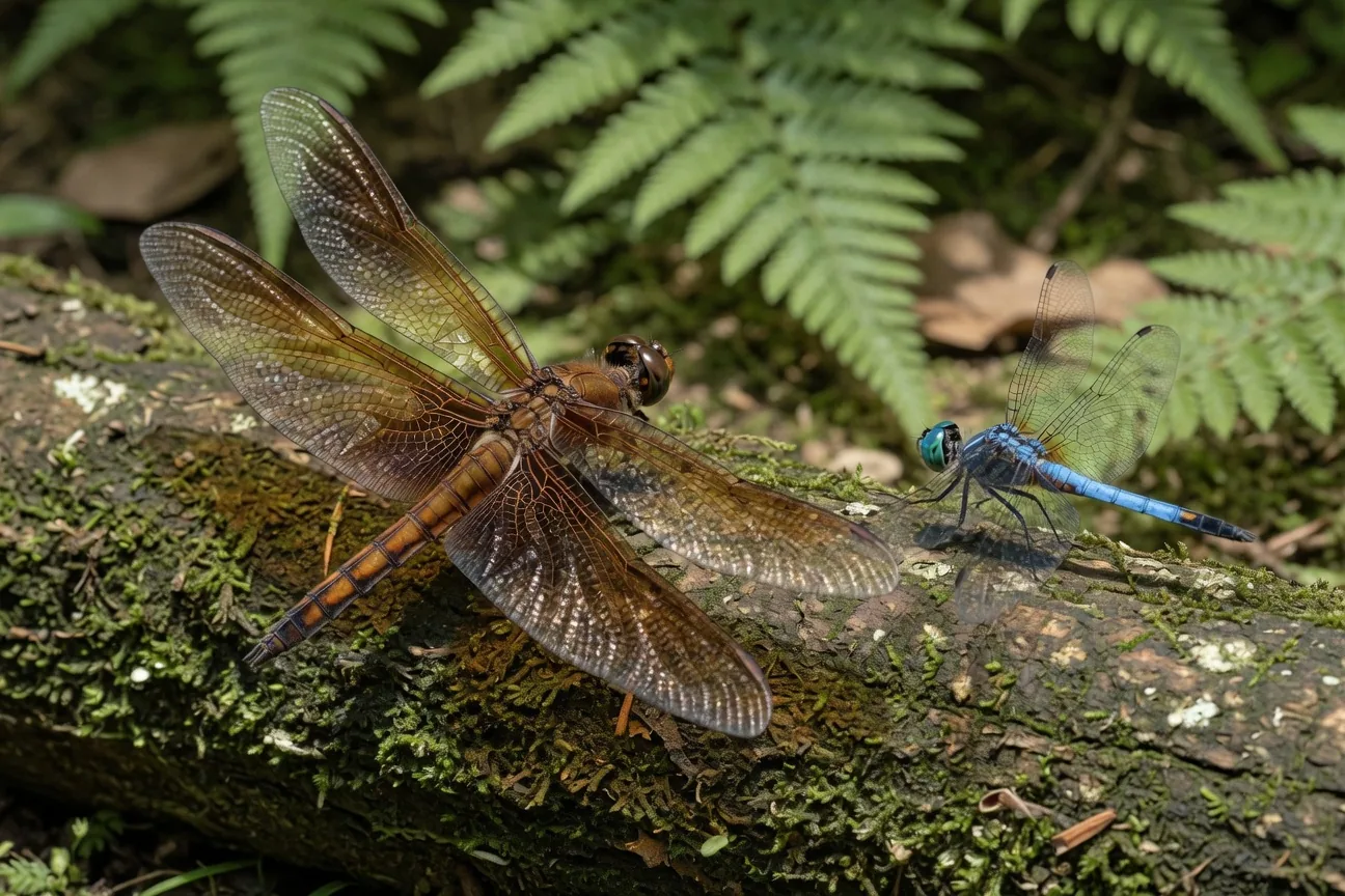 Size comparison: Meganeura wingspan versus a modern dragonfly and a human hand