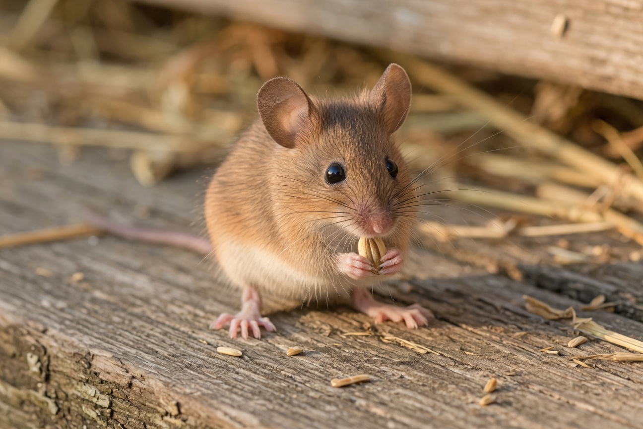 A brown mouse sits on weathered wood holding a seed in its front paws.