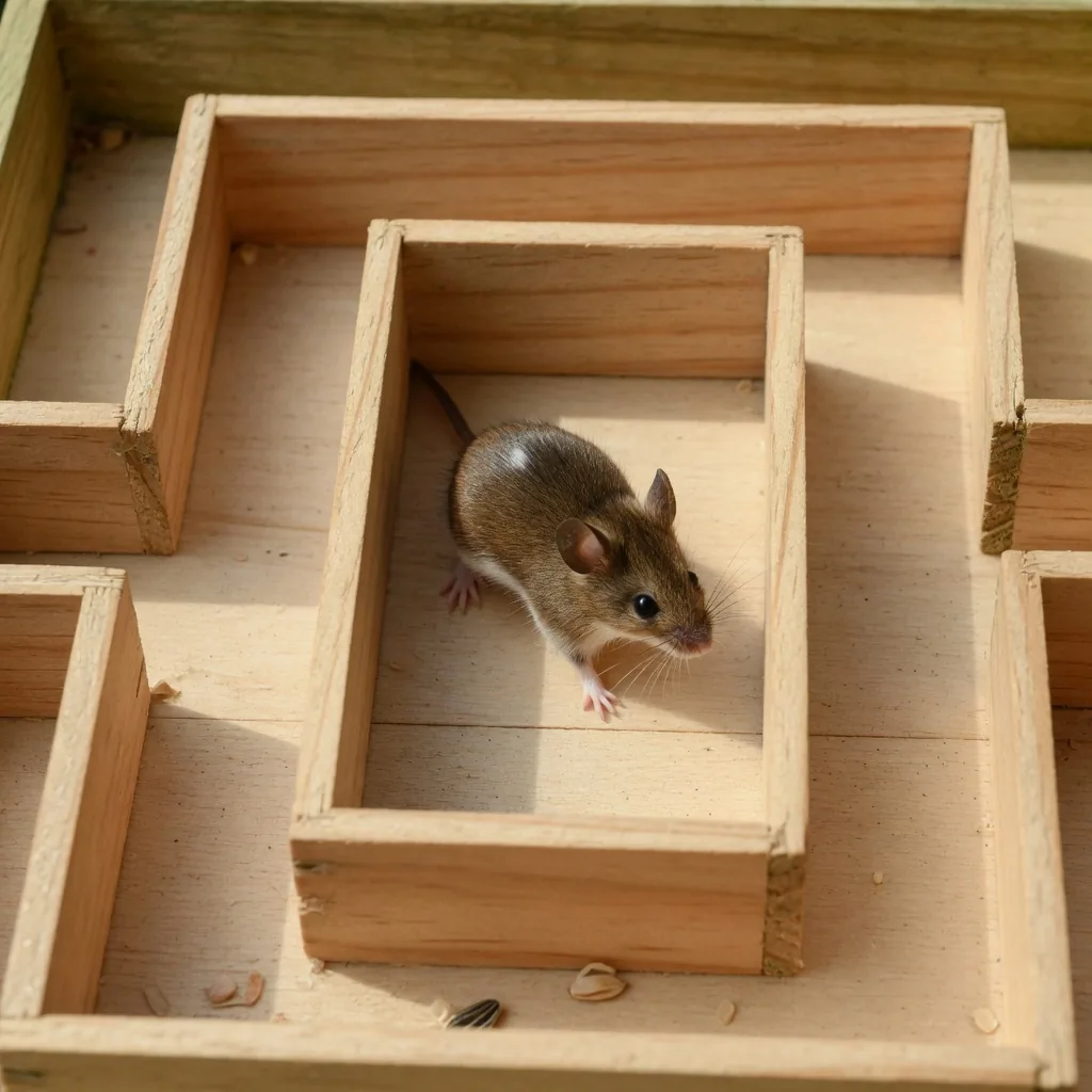 A mouse navigating a wooden maze, alert and focused