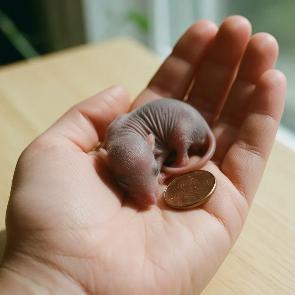 A tiny newborn mouse pup, hairless and pink, shown next to a penny for scale