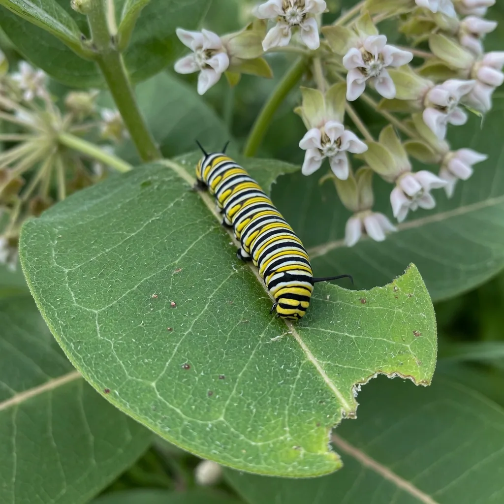 Monarch butterfly caterpillar with vivid yellow, black and white stripes feeding on a milkweed leaf