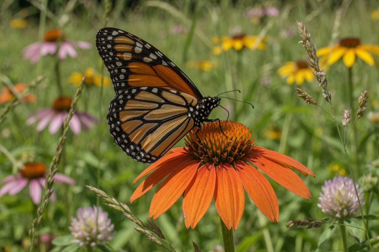 A Monarch butterfly rests on an orange coneflower in a sunny meadow surrounded by other wildflowers.