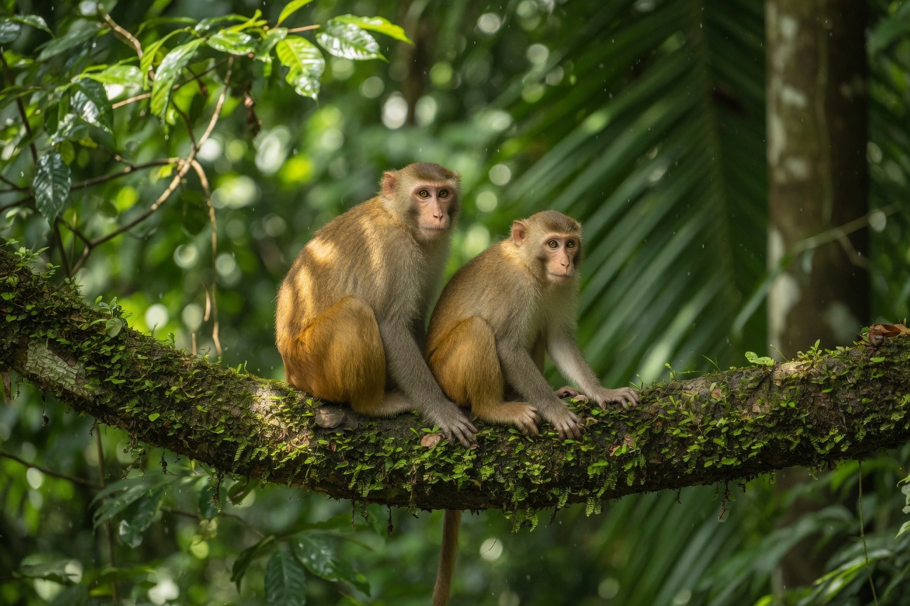 Two monkeys sit side by side on a moss-covered branch in a lush green forest.