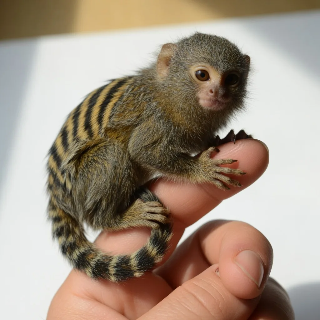 A tiny pygmy marmoset perched on a human thumb, showing its true miniature scale