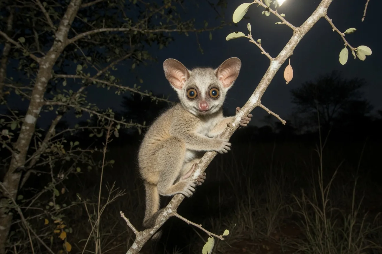 A bush baby (galago) on a branch at night, its enormous reflective eyes wide open