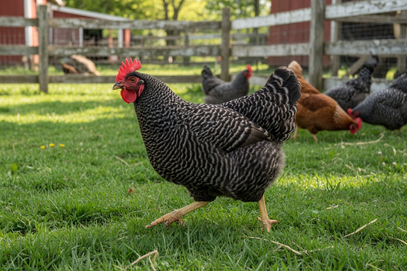 A barred Plymouth Rock chicken walks on grass with other chickens, a wooden fence, and a red barn in the background.