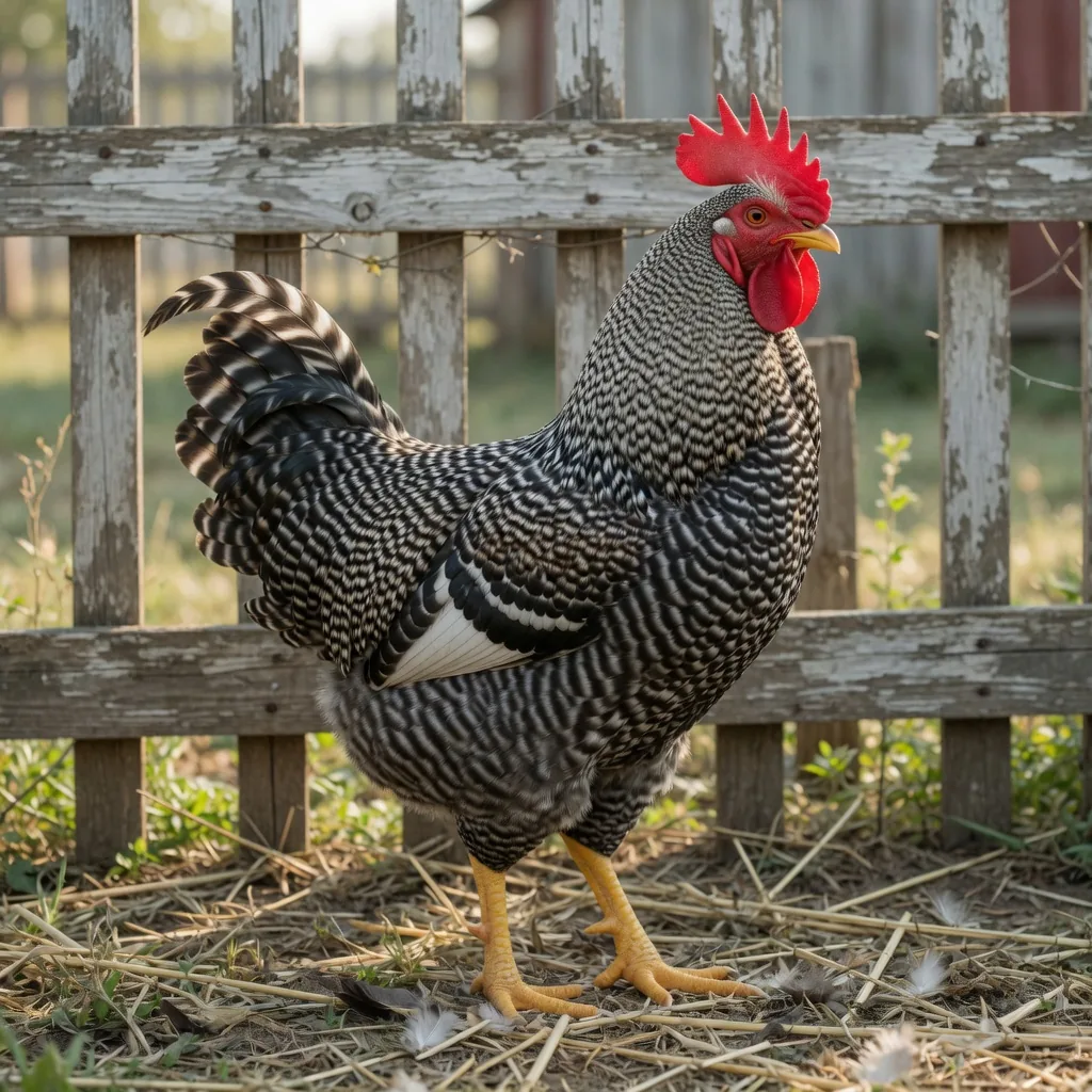 A Barred Plymouth Rock rooster showing bold black-and-white barred plumage and bright red comb
