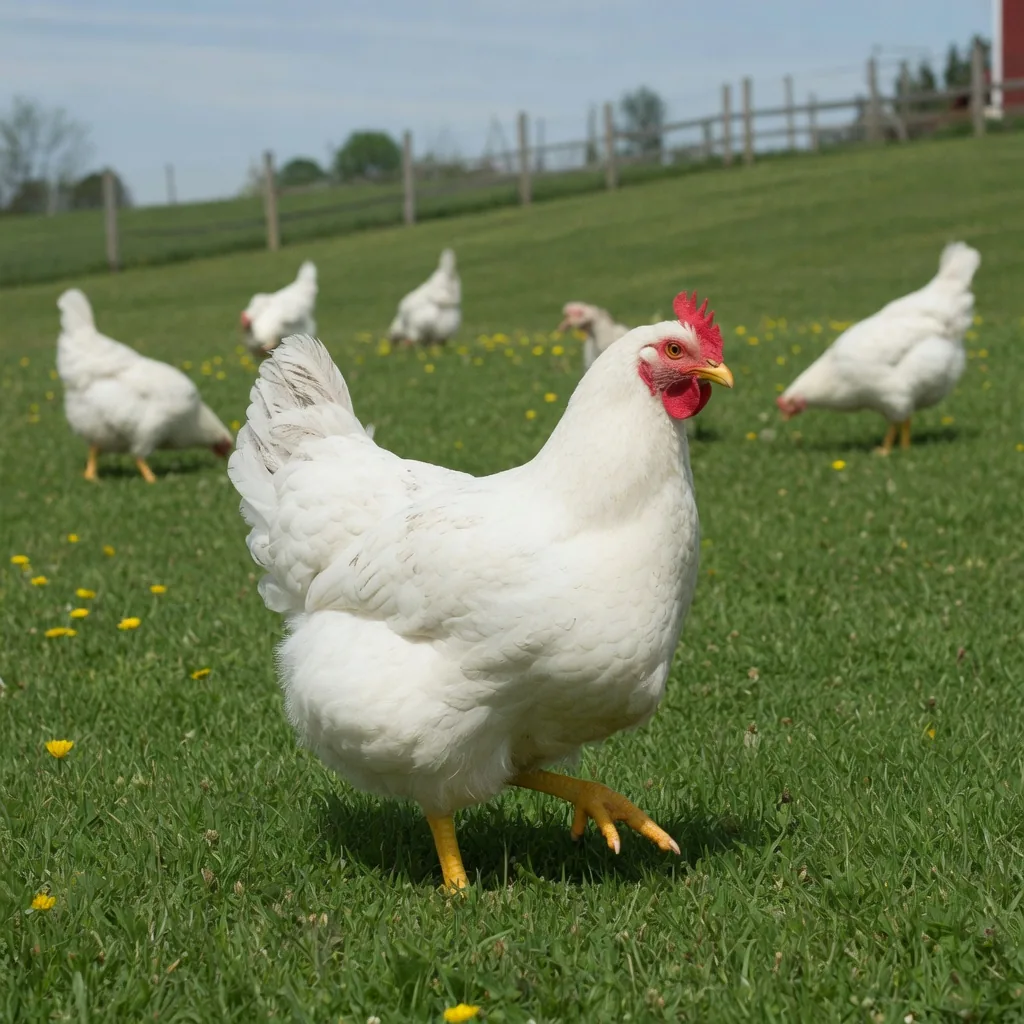 A pure white Plymouth Rock hen with yellow beak and legs standing in a sunny free-range field