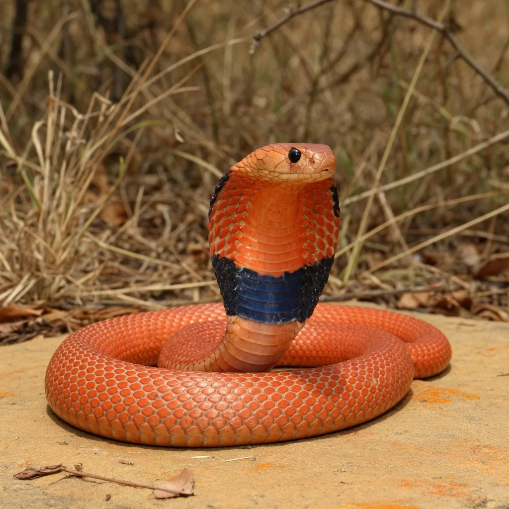 Close-up of a red spitting cobra showing its orange-red scales and distinctive dark throat band