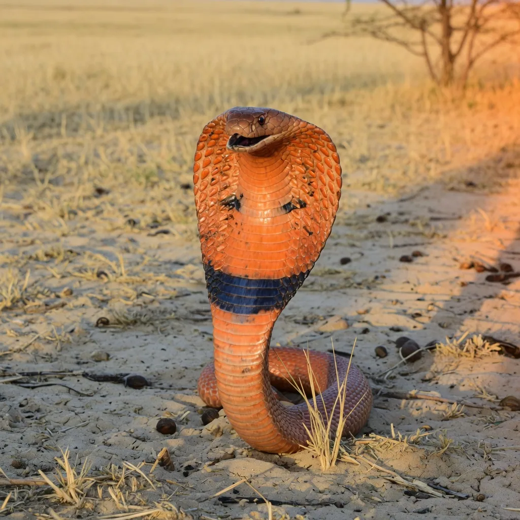 A red spitting cobra rearing up with its hood spread wide in a defensive spitting posture