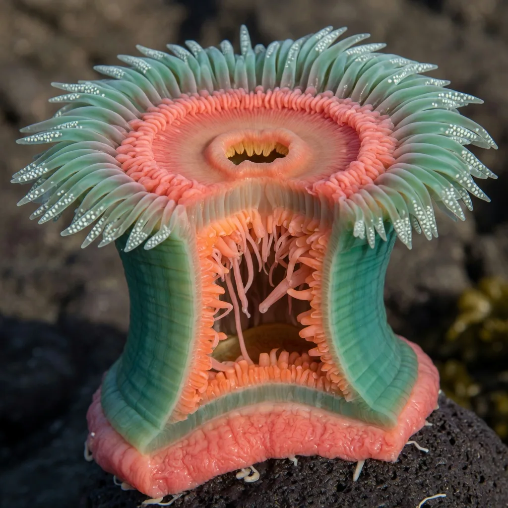 Illustration showing the anatomy of a sea anemone: tentacles, oral disc, column body and pedal disc