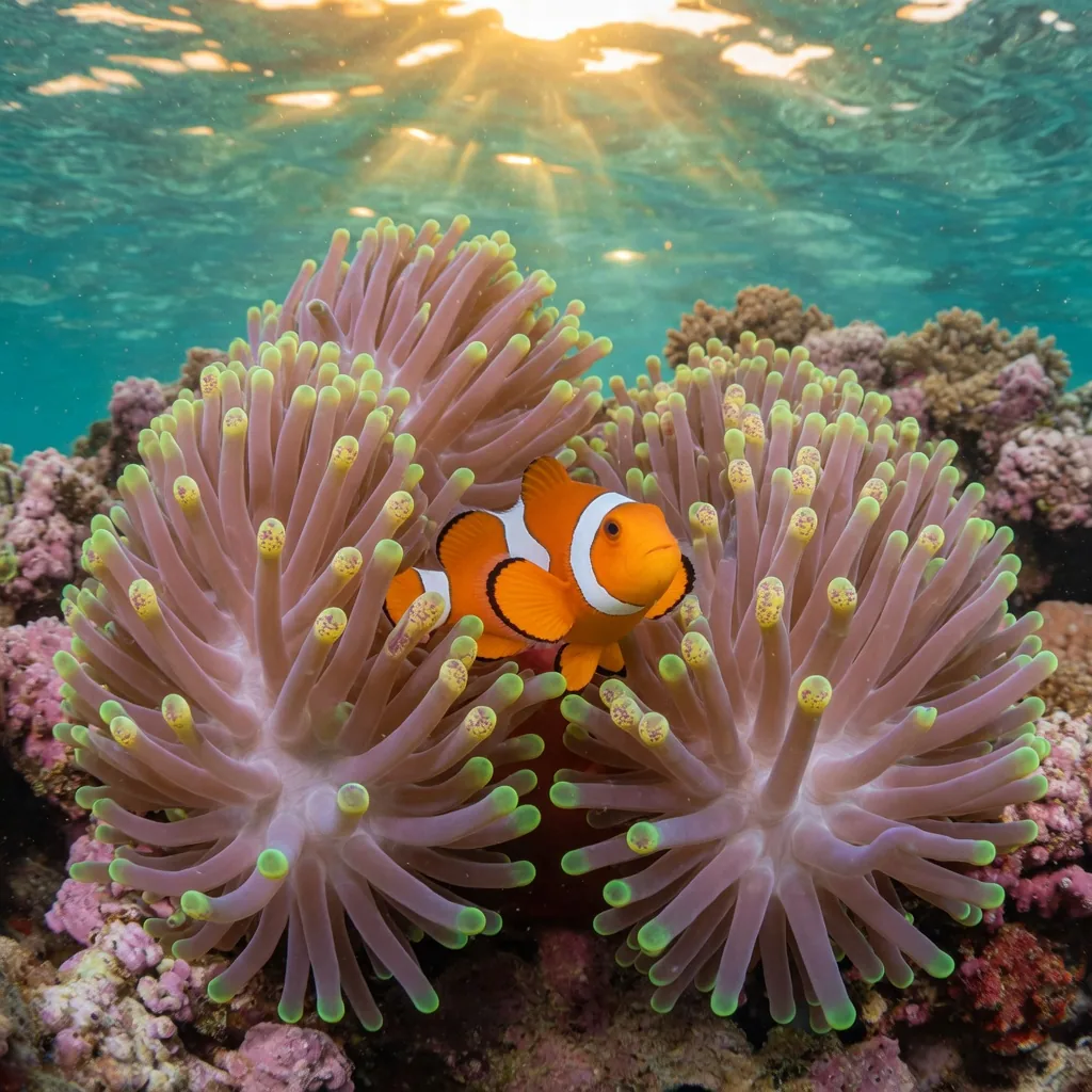 An orange clownfish nestled safely among the stinging tentacles of a sea anemone