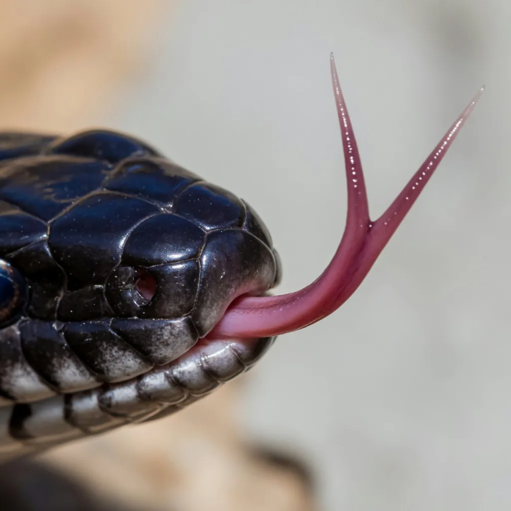 Close-up of a snake's forked tongue extended mid-flick