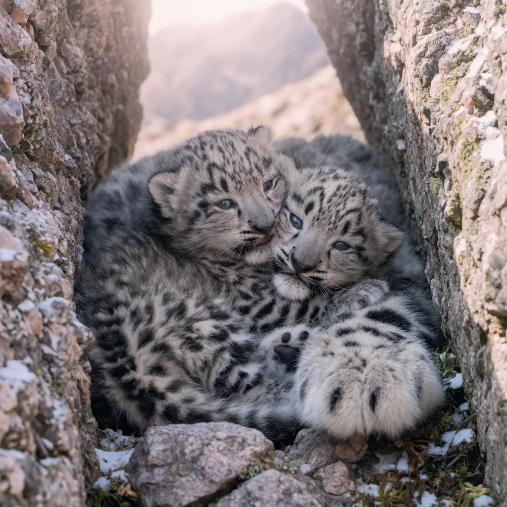 Two snow leopard cubs nestled together in a rocky mountain crevice, pale spotted fur and curious eyes just open