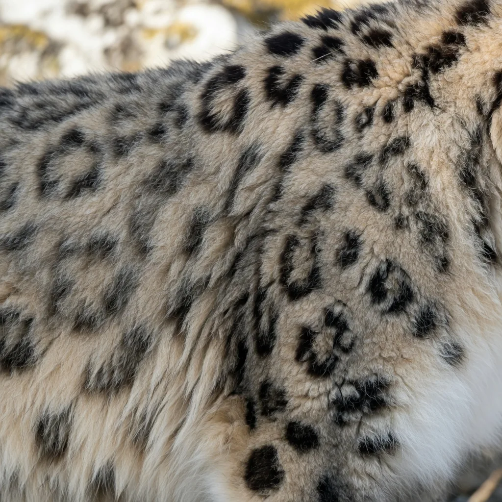 Close-up of snow leopard fur showing thick pale gray-white coat with distinctive dark rosette spots