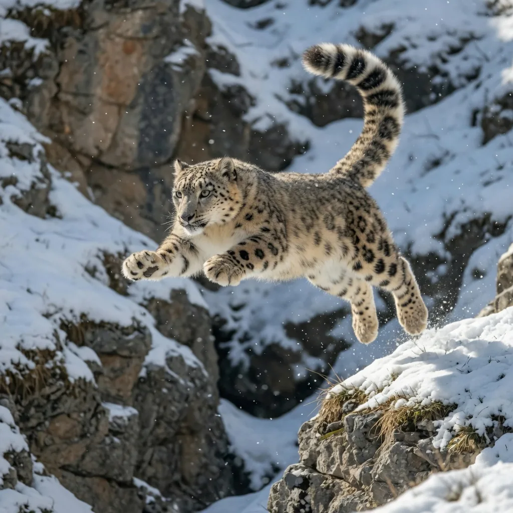 Snow leopard leaping across a rocky mountain ravine, wide snowshoe paws spread wide