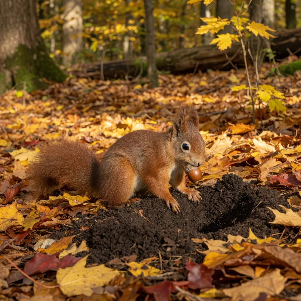 A red squirrel burying an acorn in leaf-littered forest floor, nose close to the ground.